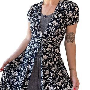 Vintage 1990s Navy Blue White Floral Cottagecore Hippy Rayon Maxi Dress Sz M